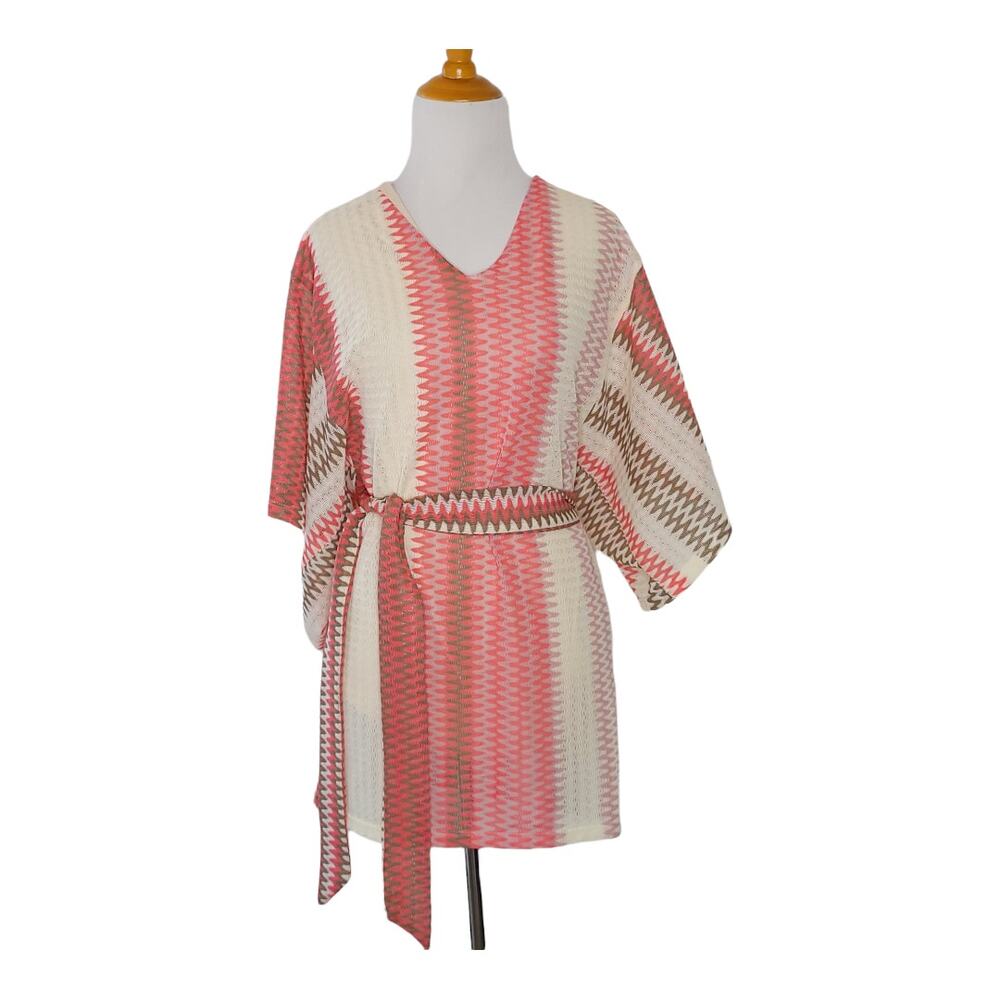 Karina Grimaldi Belted Tunic Women Knit Cream Pink Kimono Sleeves Small